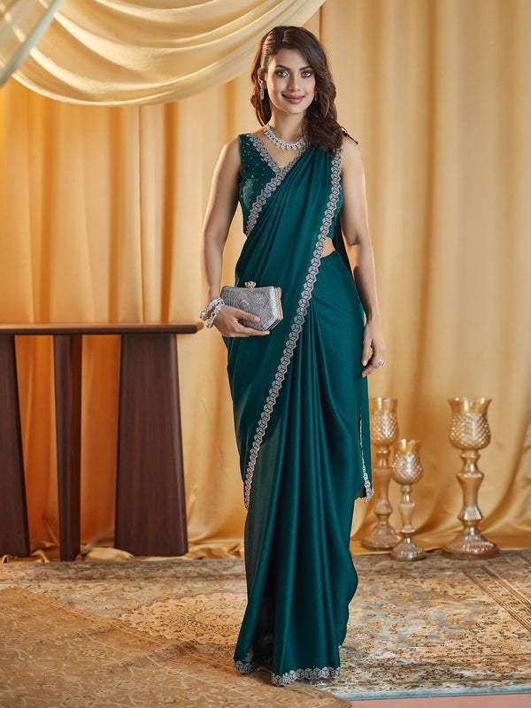Teal chinon silk Swarovski embroidery