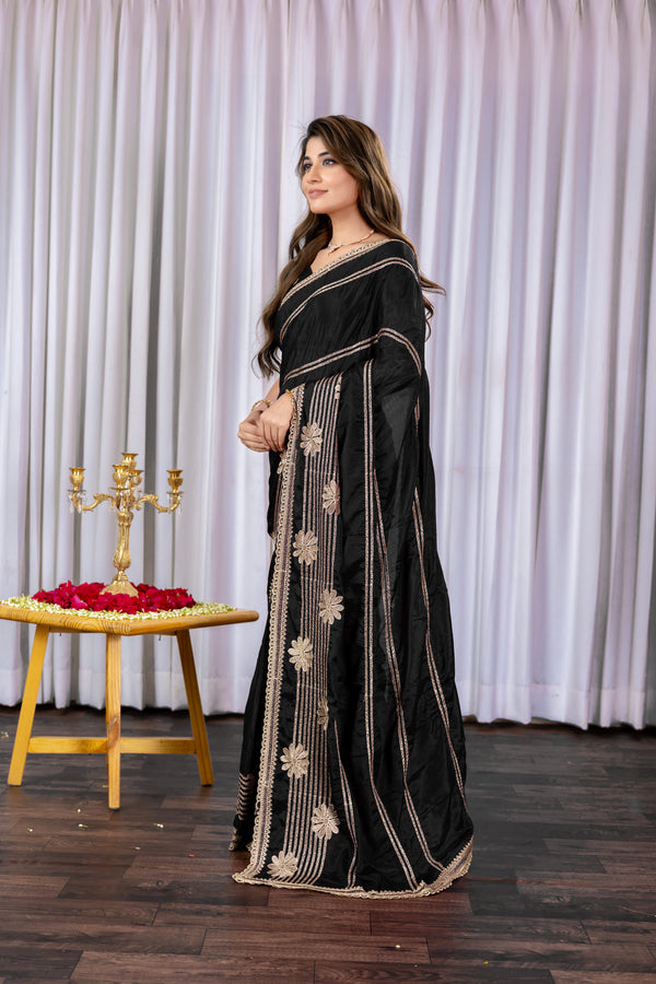 Embroidery Black color Gold Zariwork Soft Chinon Silk Saree