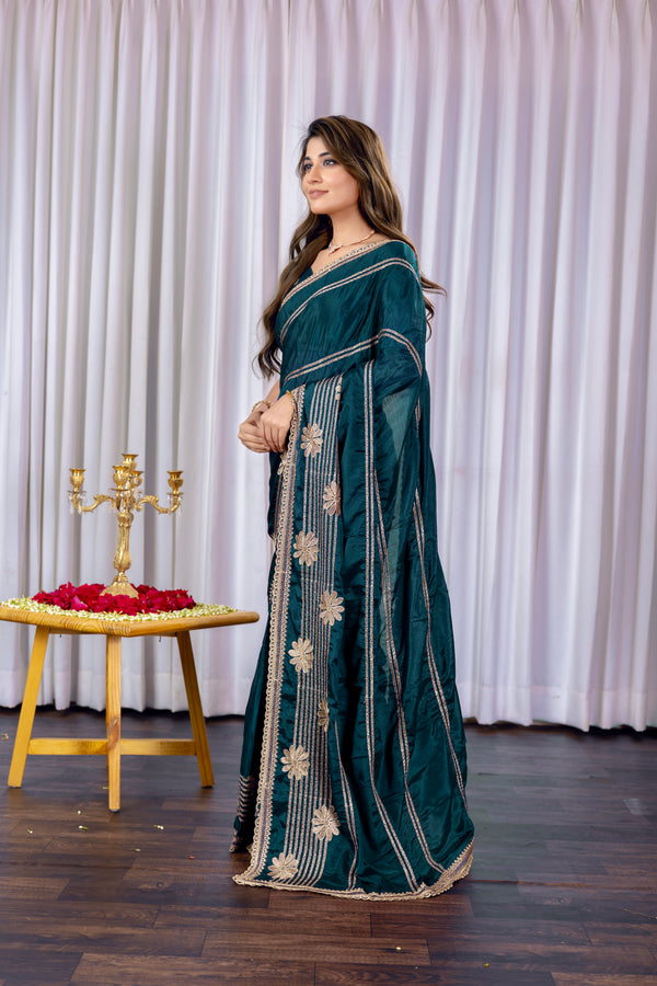 Embroidery Teal color Gold Zariwork Soft Chinon Silk Saree