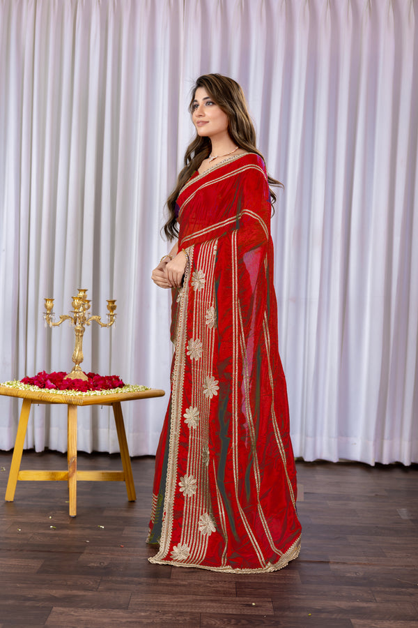Embroidery Red color Gold Zariwork Soft Chinon Silk Saree