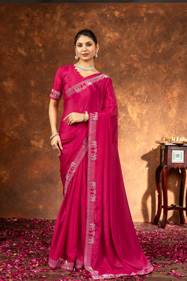 Baby Pink Stonework chinon silk Saree