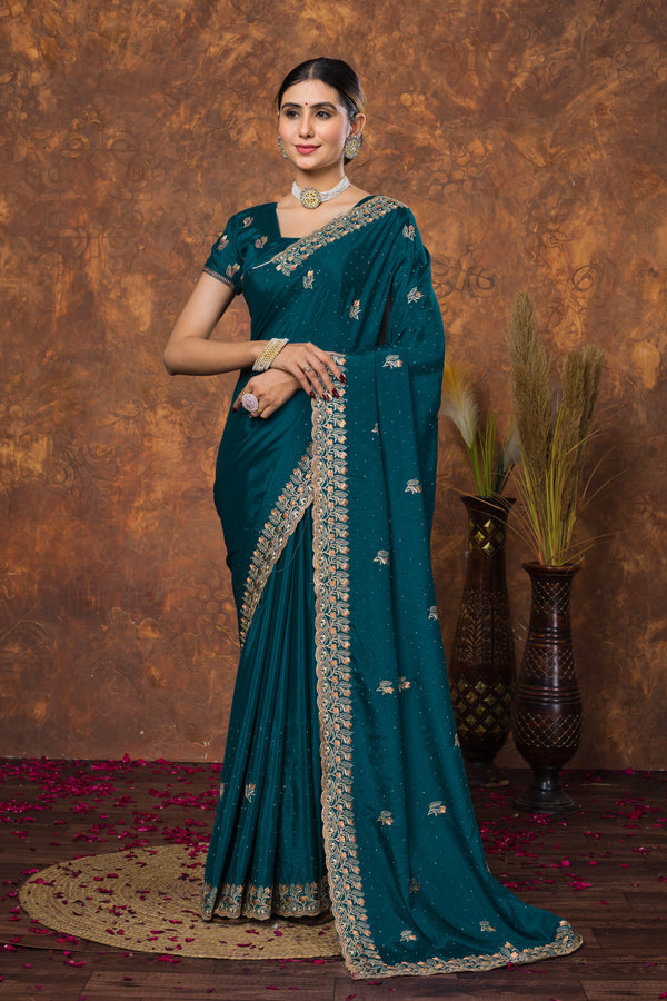 Teal Zariwork Soft Chinon Silk Saree