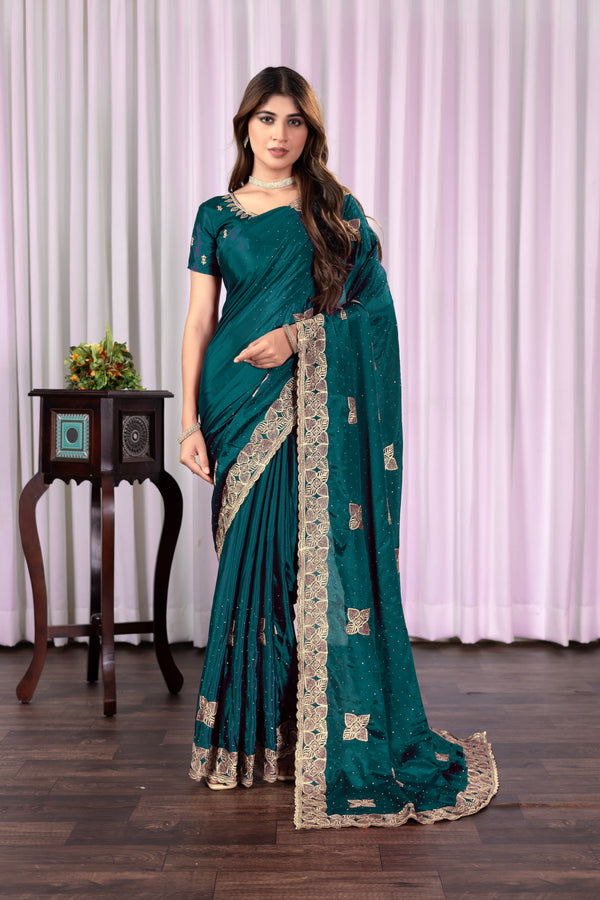 Embroidery Teal color Gold& coper Zariwork Soft Chinon Silk Saree