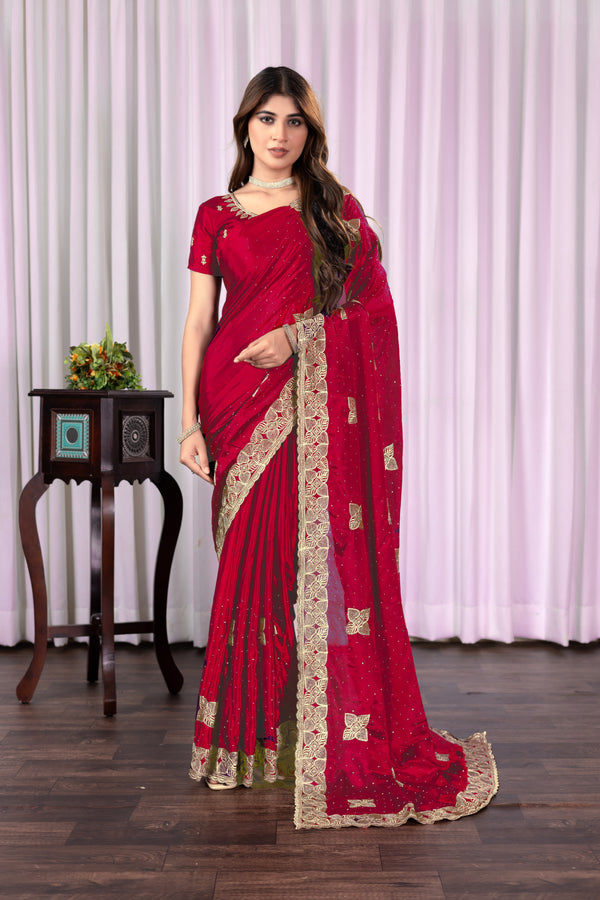 Embroidery Red color Gold& coper Zariwork Soft Chinon Silk Saree