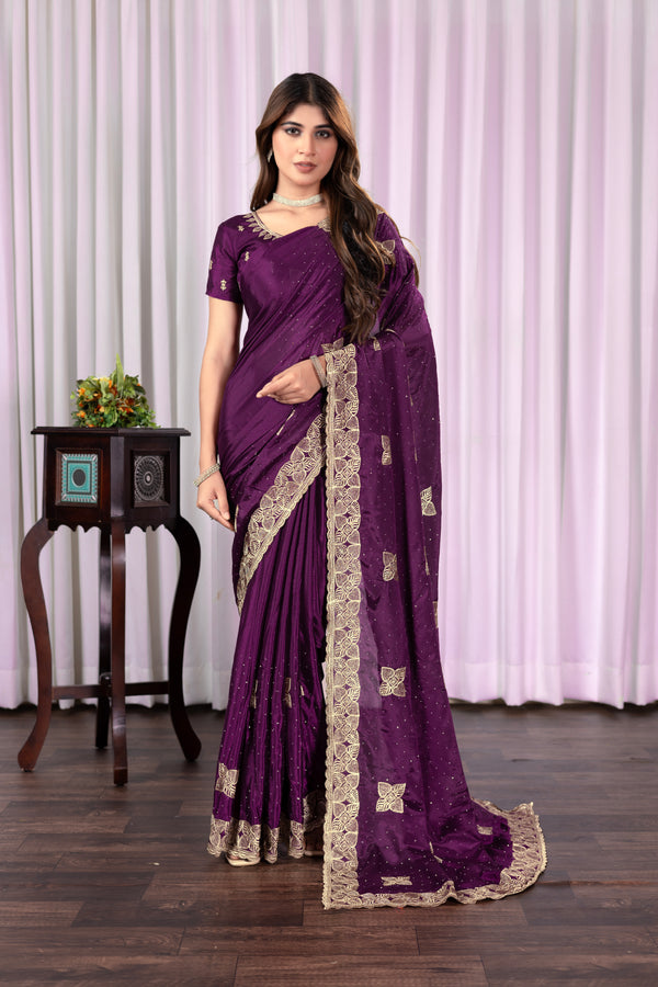 Embroidery Wine color Gold& coper Zariwork Soft Chinon Silk Saree
