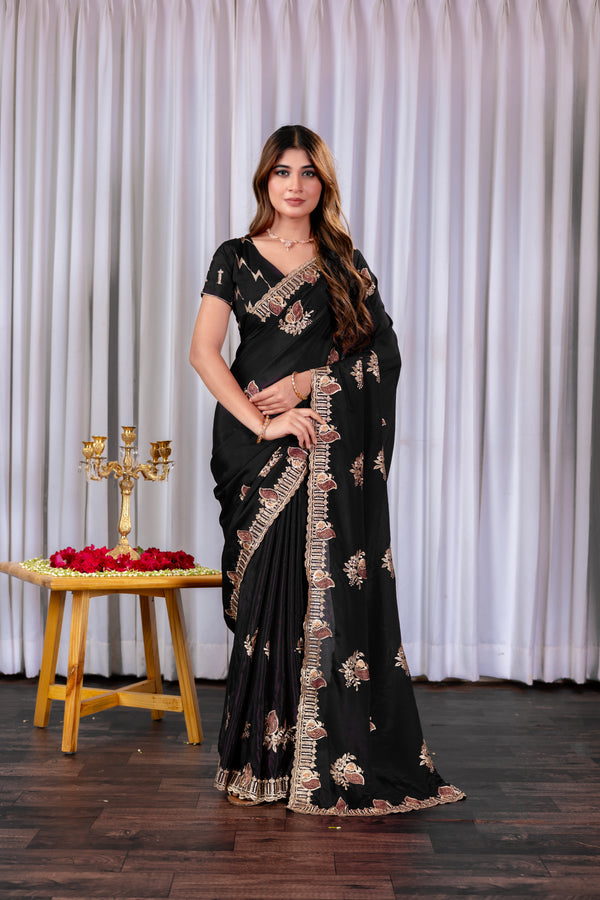 Embroidery Black color Gold& coper Zariwork Soft Chinon Silk Saree