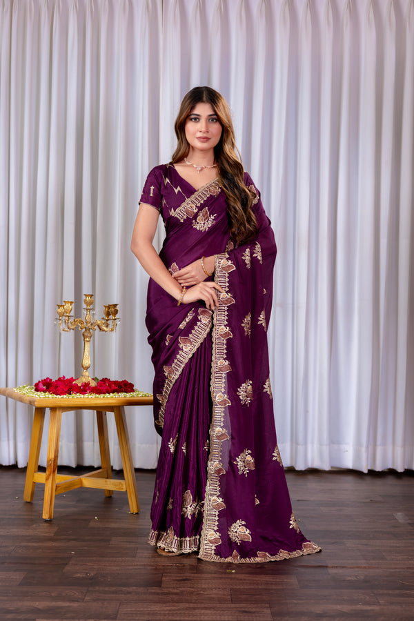 Embroidery Wine color Gold& coper Zariwork Soft Chinon Silk Saree
