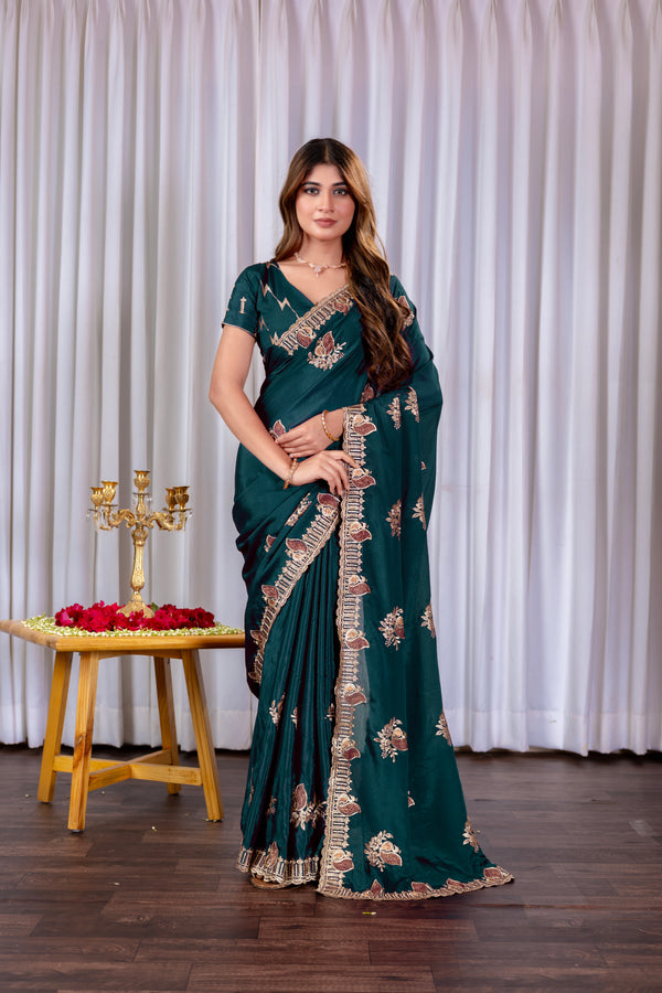 Embroidery Teal color Gold& coper Zariwork Soft Chinon Silk Saree