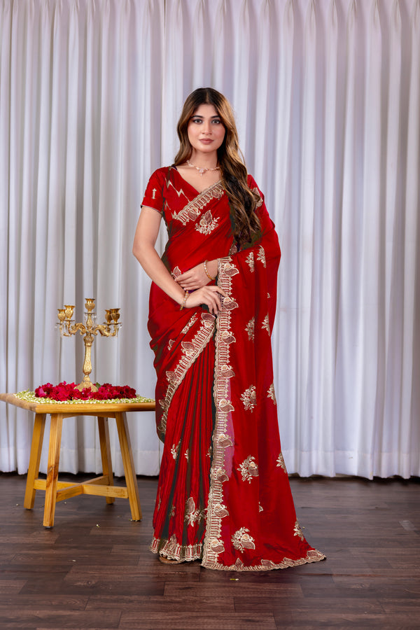 Embroidery Red color Gold& coper Zariwork Soft Chinon Silk Saree