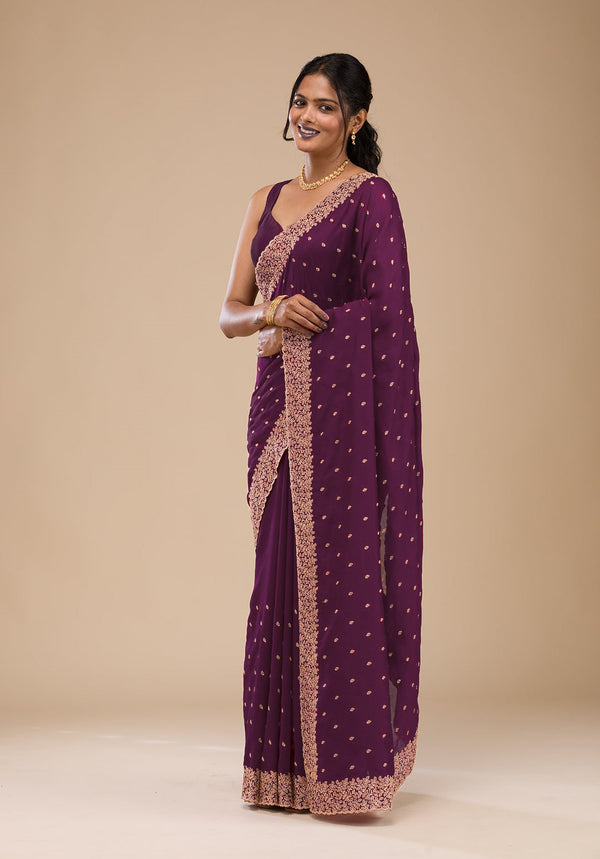 Embroidery Wine color Roze Gold Zariwork Soft Chinon Silk Saree
