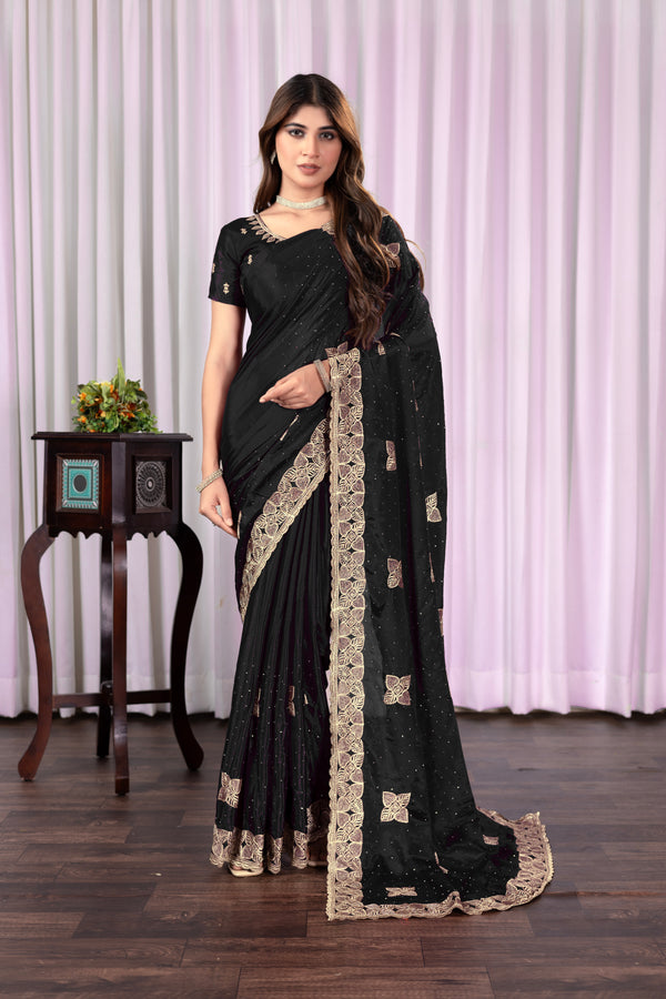 Embroidery Black color Gold& coper Zariwork Soft Chinon Silk Saree
