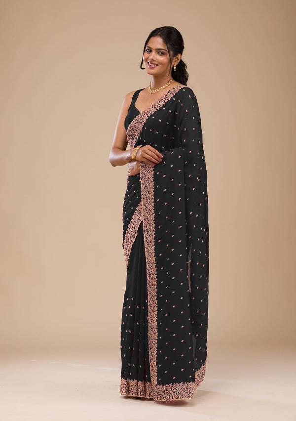 Embroidery Black color Roze Gold Zariwork Soft Chinon Silk Saree