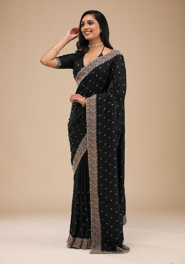 Embroidery Black color Roze Gold Zariwork Soft Chinon Silk Saree