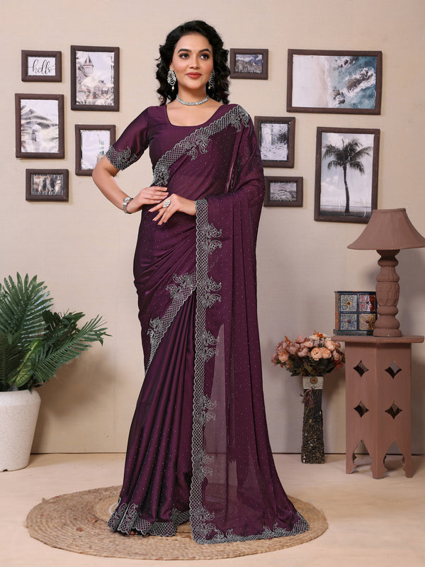 Wine Stonework vichitra silk Designer Sareeage