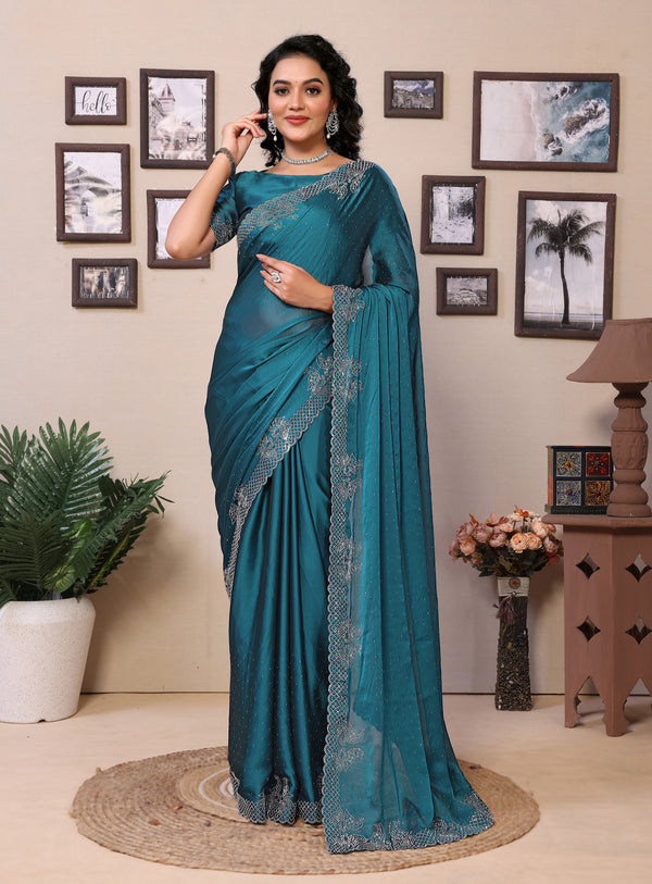 Teal Stonework vichitra silk Designer Sareeage
