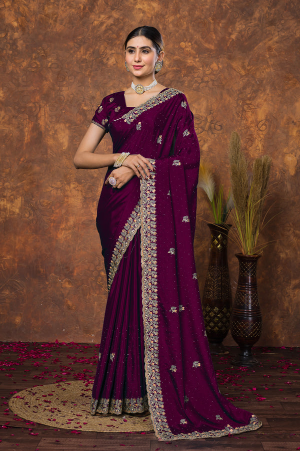 Wine Embroidery Zariwork Soft Chinon Silk Saree