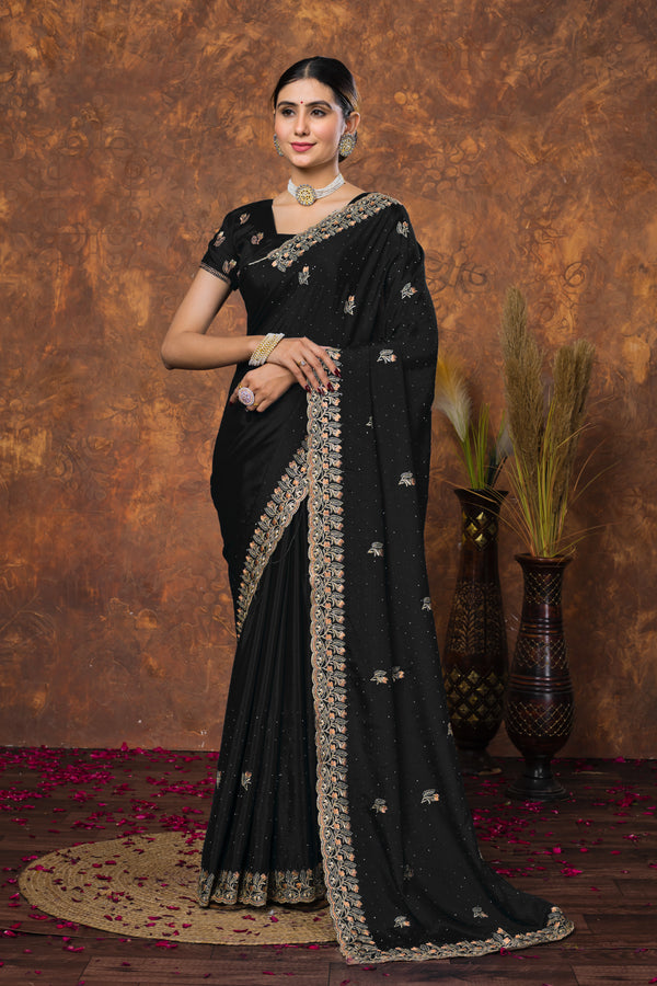 Black Embroidery Zariwork Soft Chinon Silk Saree
