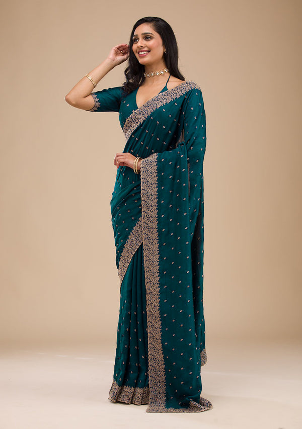 Embroidery Teal color Roze Gold Zariwork Soft Chinon Silk Saree