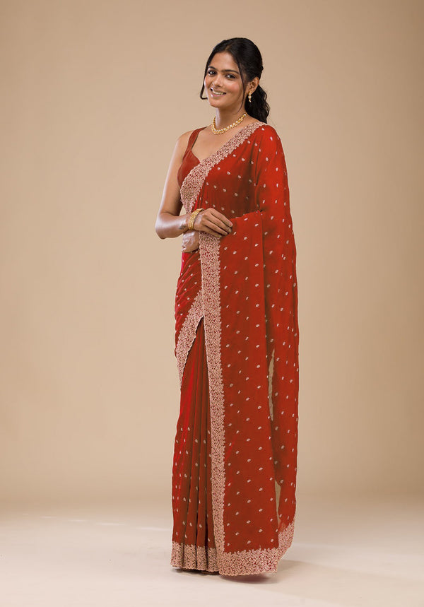 Embroidery Red color Roze Gold Zariwork Soft Chinon Silk Saree