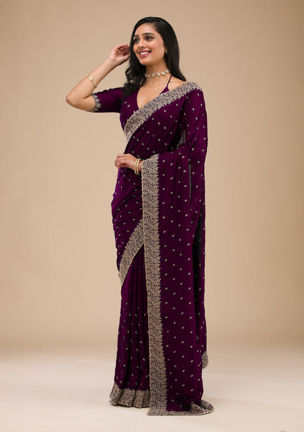 Embroidery Wine color Roze Gold Zariwork Soft Chinon Silk Saree