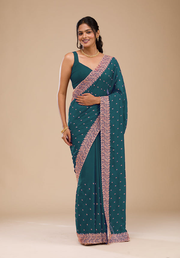 Embroidery Teal color Roze Gold Zariwork Soft Chinon Silk Saree