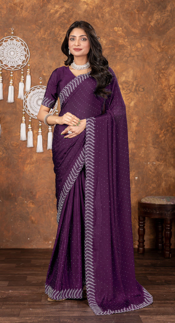 Elegant Wine Chinon Saree with Swarovski Diamond Work – Timeless Elegance Collection